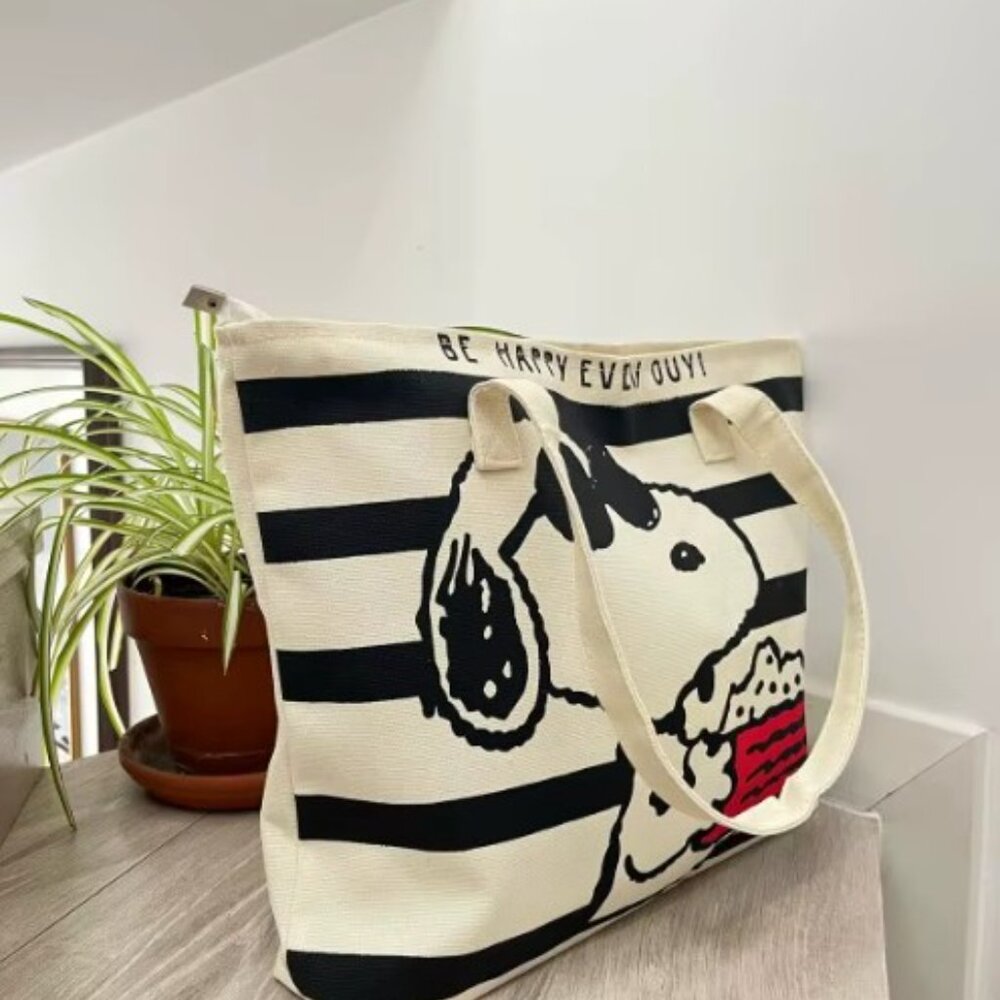 Snoopy Canvas Tote Bag Striped Shopping Bag 16x11 Reusable Carryall - Picture 4 of 5